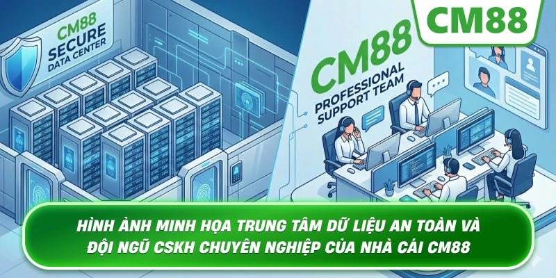 Hình ảnh minh họa trung tâm dữ liệu an toàn và đội ngũ CSKH chuyên nghiệp của nhà cái Cm88
